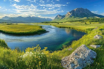 A serene landscape featuring a winding river, lush green meadows, and majestic mountains against a blue sky.