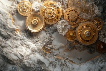 Golden gear mechanisms are scattered on a textured, stone-like surface, offering a visual juxtaposition of technology and nature.
