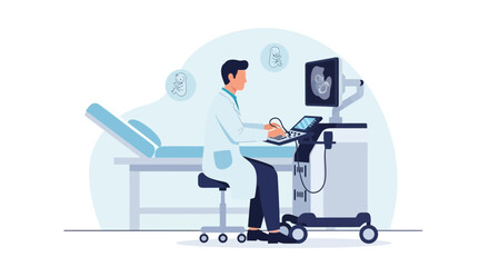 Gynecologist Examining Unborn Baby With Ultrasound Equipment In Hospital Ward