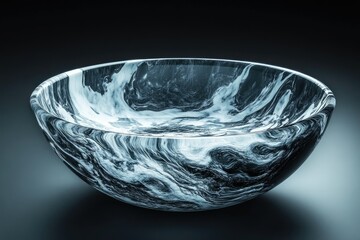 A glossy, artistic bowl displays mesmerizing swirls of white and dark shades, evoking ocean waves in abstract.