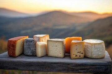 Various cheeses on a rustic wooden surface with a serene mountain landscape bathed in soft, golden light as a backdrop.