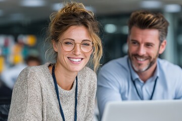 Smiling businesswoman with glasses works alongside her male colleague, engaging in collaborative work within a modern office environment