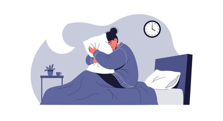 Depressed Woman Sitting On Bed Hugging A Pillow, Feeling Lonely And Sad