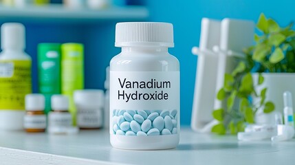 A clean and modern display of Vanadium Hydroxide supplement on a bright blue background.