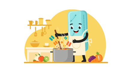 Happy Cartoon Ruler Character Cooking Delicious Food In Kitchen Illustration