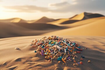 Desert landscape marred by a pile of colorful plastic trash, highlighting environmental pollution and irresponsible waste disposal.