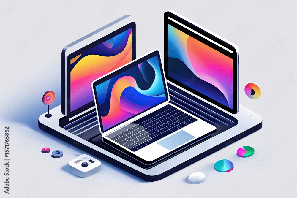 Poster isometric icon of sleek laptops under digital display for modern technology projects