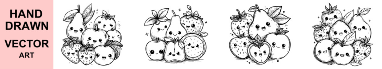 Cute hand drawn vector illustration of happy cartoon fruits with faces, adorable kawaii fruit group sketch style for kids, coloring books, education, design