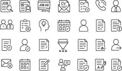 Collection of thin line icons representing job search hiring process human resources and professional communication elements on white background