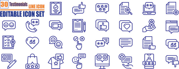 Testimonials icons set. Containing as testimonials, like, rating, survey, review, satisfaction and more. Vector illustration