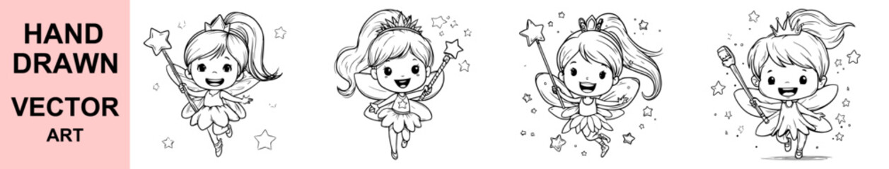 Charming hand drawn vector illustration of flying fairy girls with wands and stars, cartoon magical children design for coloring, books, fantasy themes