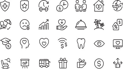 Collection of modern line art icons representing health fitness family travel finance education and lifestyle concepts on white background