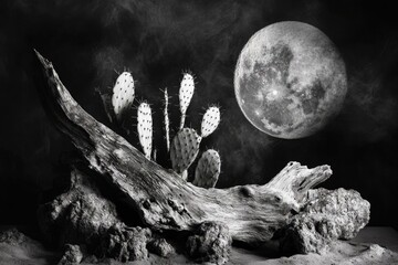 Monochrome desert scene featuring cactus, driftwood, and a luminous full moon against a dark, smoky sky.