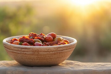 Rustic bowl filled with sun-dried tomatoes and olives, lit by soft, warm sunlight against a blurred nature background.