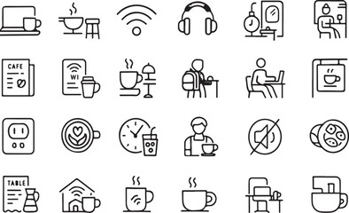 Collection of hand drawn line art icons representing various cafe and coffee shop elements and activities for digital use