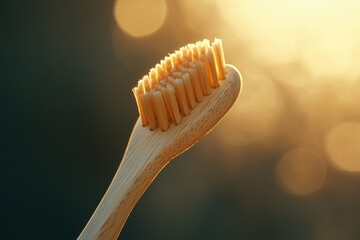 Close-up of a bamboo toothbrush with golden light shining behind, showcasing its eco-friendly and natural design.