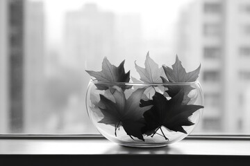 A black and white image features a glass bowl filled with autumn leaves on a windowsill.