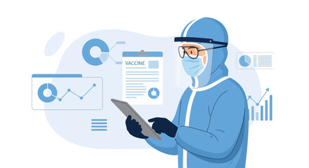 Healthcare Professional Analyzing Vaccine Data Wearing Protective Gear and Using a Tablet