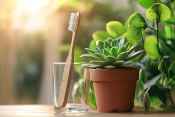 Eco-friendly bamboo toothbrush in glass, accompanied by a vibrant succulent and lush green foliage, all illuminated by soft sunlight.