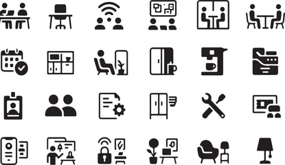 Collection of modern business and office icons representing meetings technology and workplace amenities for presentations and design