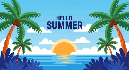 Adobe Illustrator vector flat style illustration of a vibrant summer beach scene with palm trees, a calm ocean, and a glowing sunset, with HELLO SUMMER text