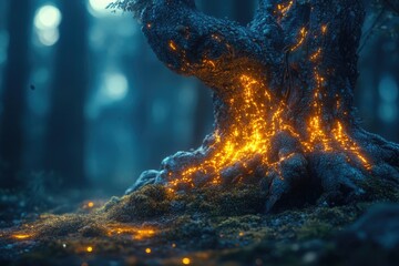 Mystical tree roots glowing with golden light in a dark forest, creating an ethereal atmosphere in deep blue tones.