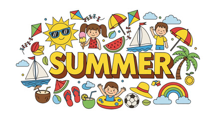 Adobe Illustrator vector flat style illustration of a lively summer scene with happy children playing, surrounded by beach elements like the sun, kites, and ice cream