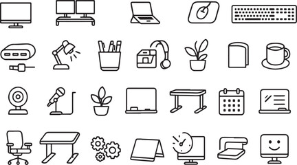Collection of modern office and technology icons including computers laptops desks chairs and accessories for a productive workspace