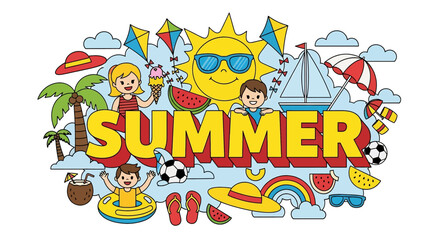 Adobe Illustrator vector flat style illustration of a lively summer scene with happy children playing, surrounded by beach elements like the sun, kites, and ice cream
