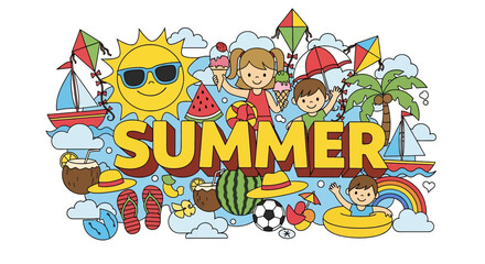 Adobe Illustrator vector flat style illustration of a lively summer scene with happy children playing, surrounded by beach elements like the sun, kites, and ice cream