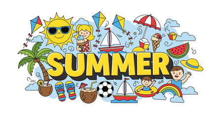 Adobe Illustrator vector flat style illustration of a lively summer scene with happy children playing, surrounded by beach elements like the sun, kites, and ice cream