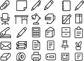 Collection of simple black line art icons representing office supplies and stationery items on a white background