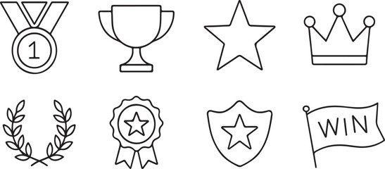 Collection of simple outline icons representing achievement and success including a medal trophy star crown laurel wreath rosette shield and winning flag