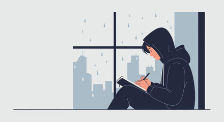 Person With Hoodie Sketches Against Rainy Cityscape View From a Window
