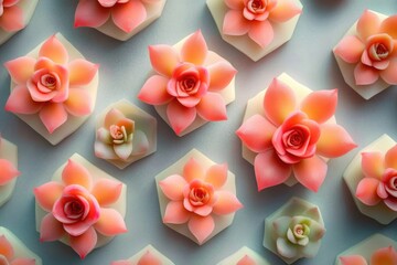 Arrangement of pink and white succulent flowers on a soft, pastel background creating a serene visual.