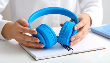Person holding blue headphones on notepad