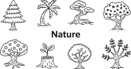 Collection of eight hand drawn black and white tree illustrations and a seedling growing from a tree stump