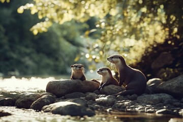 Three adorable otters are perched on rocks by the river under the warm sunlight in the forest.