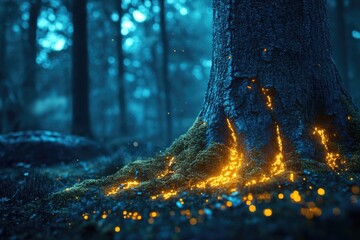 Mystical forest scene with glowing roots, bathed in an eerie blue light creates a magical landscape.