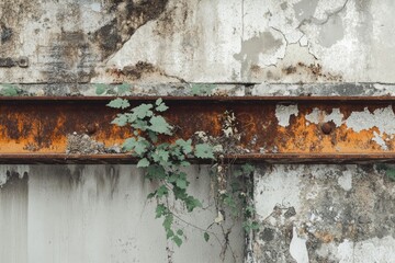 A weathered wall with peeling paint, rusty I-beam, and creeping vines create an urban decay aesthetic.