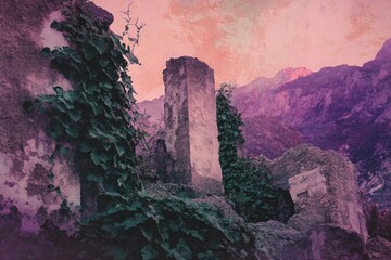 Ruined stone structure entwined with vines sits atop a hill, set against a backdrop of mountains at dusk.