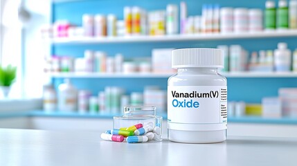A close-up of a white bottle labeled 'Vanadium(V) Oxide' with colorful capsules nearby, set against a soft-focus pharmacy backdrop.