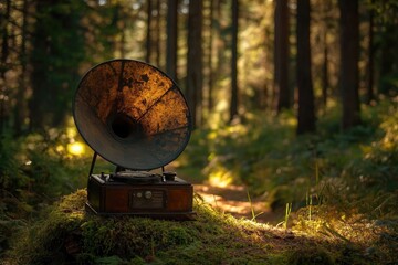 Vintage gramophone sits on mossy ground, blending nostalgia with the forest's serene beauty.
