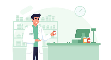 Pharmacist Explaining Medication At Counter Of Pharmacy During Work Shift