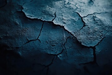 Close-up of cracked, dry, and textured ground, showing deep fissures and a somber, dark blue palette. Suggests drought and environmental concerns.