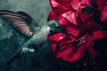 A shimmering hummingbird gracefully sips nectar from a vibrant, crimson flower in a captivating close-up shot.