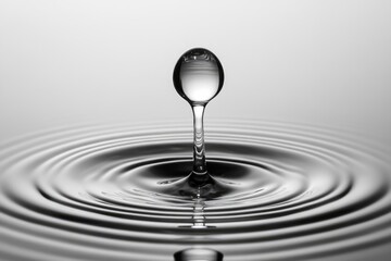 A mesmerizing macro shot of a water droplet creating ripples on a calm water surface, showcasing its delicate impact.