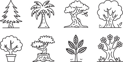Collection of eight distinct hand drawn black and white line art illustrations of various trees and plants on a white background
