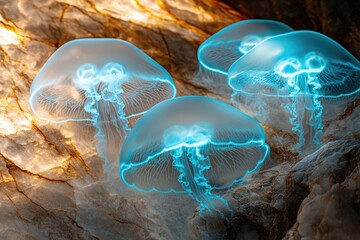 A group of translucent jellyfish with glowing blue edges float against a rocky, textured backdrop in the deep sea.