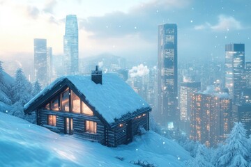 A cozy, snow-covered cabin nestled among skyscrapers in a winter wonderland city.